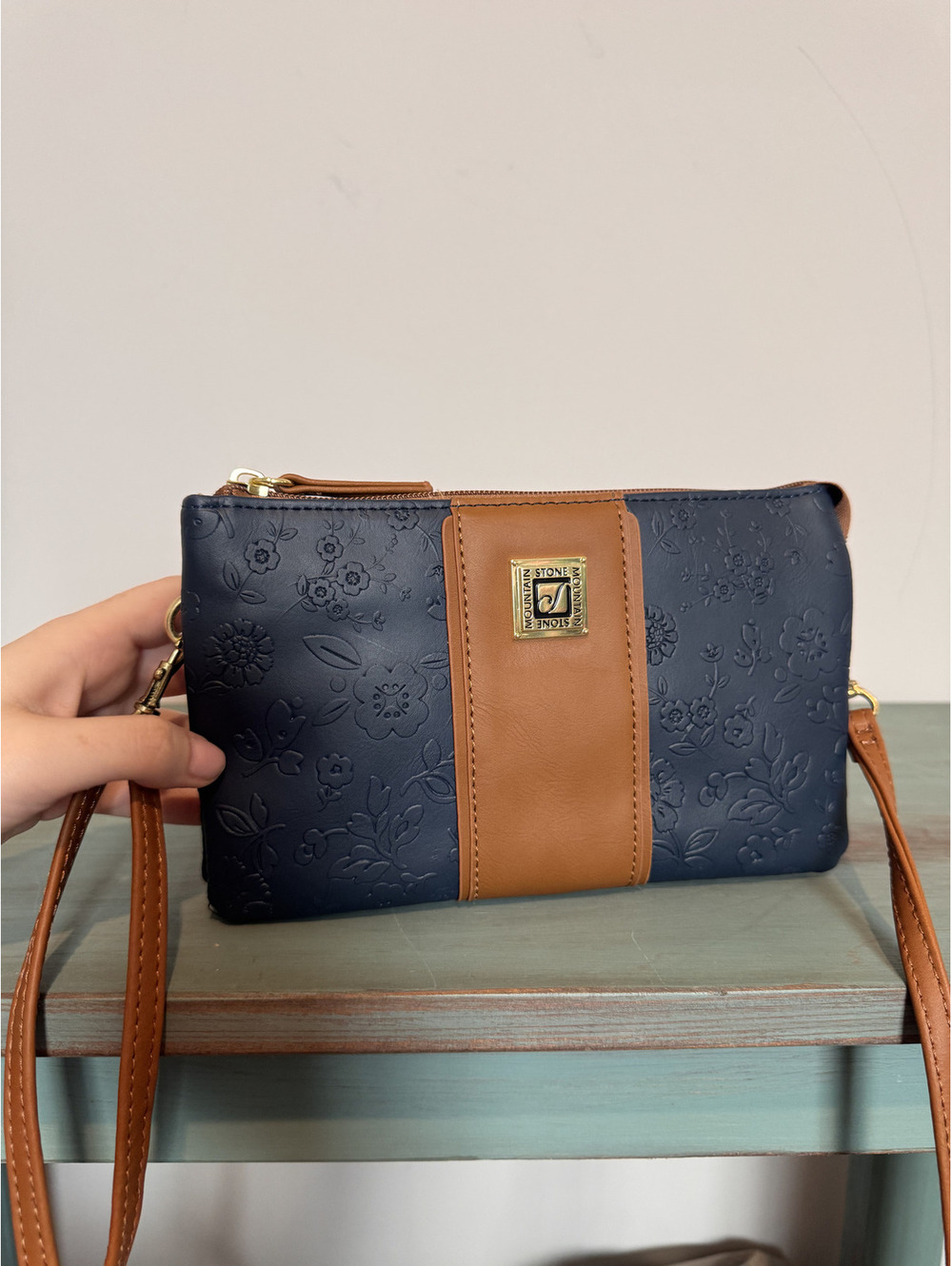 NWOT Navy Blue Embossed Floral Stone Mountain Co. Adjustable Crossbody Bag